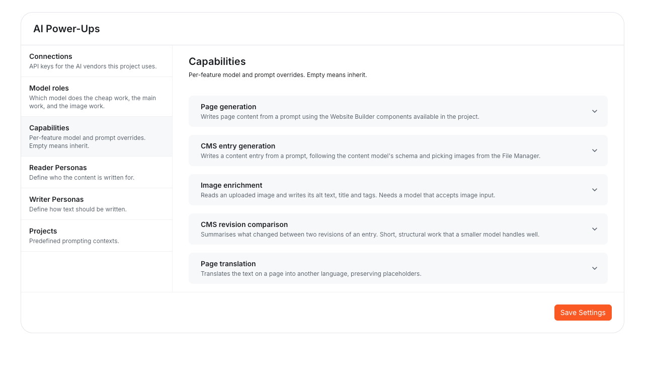 AI Power-Ups settings with Connections, Model roles, and the Capabilities list of per-feature overrides