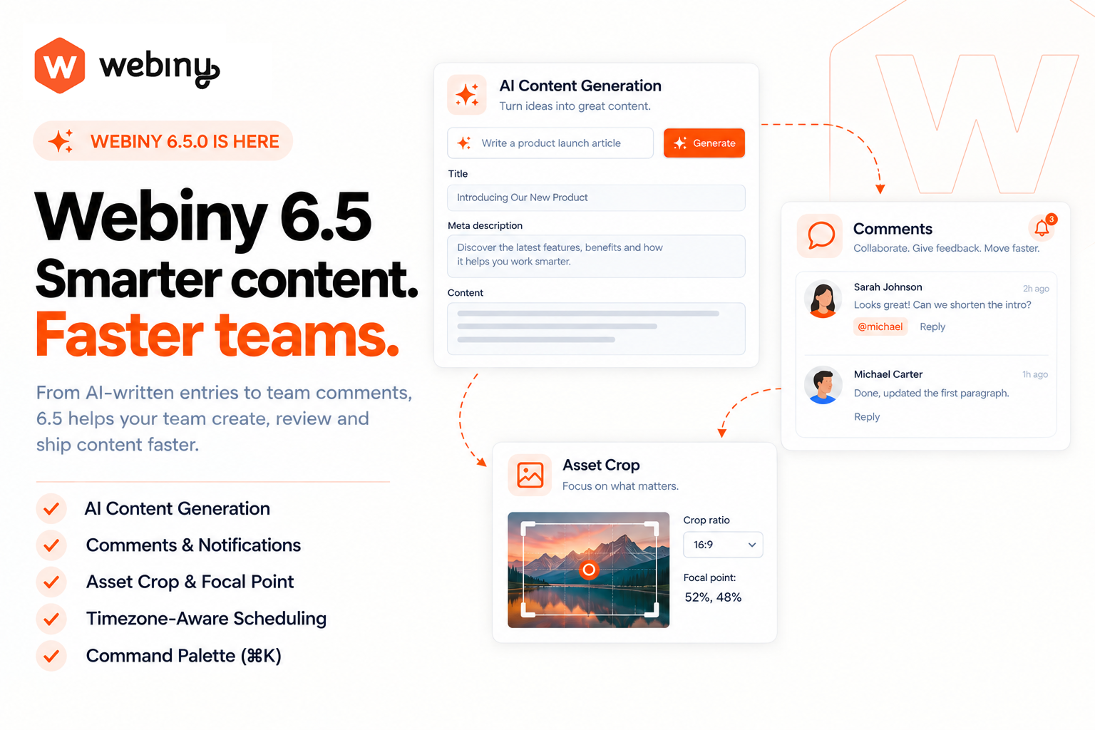 Webiny 6.5 highlights: AI content generation, comments and notifications, asset crop and focal point, timezone-aware scheduling, and the command palette
